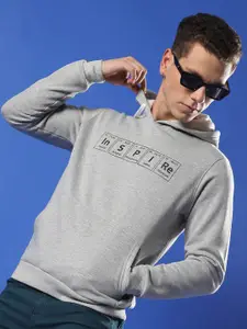 Campus Sutra Grey Typography Printed Hooded Cotton Sweatshirt