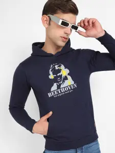 Campus Sutra Navy Blue Graphic Printed Hooded Cotton Sweatshirt