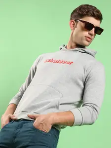 Campus Sutra Grey Typography Printed Hooded Cotton Sweatshirt