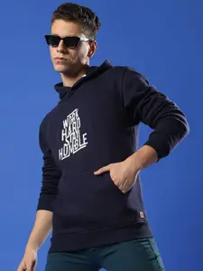 Campus Sutra Typography Printed Hooded Cotton Pullover Sweatshirt