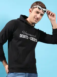 Campus Sutra Black Typography Printed Hooded Cotton Pullover Sweatshirt