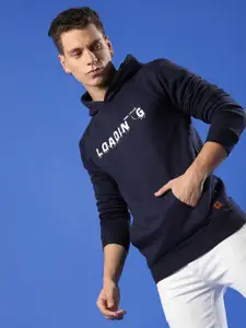 Campus Sutra Navy Blue Typography Printed Hooded Cotton Pullover Sweatshirt