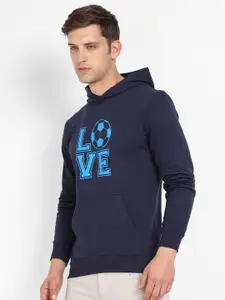 Campus Sutra Navy Blue Typography Printed Hooded Cotton Pullover Sweatshirt