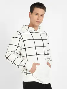 Campus Sutra White Checked Hooded Cotton Pullover Sweatshirt
