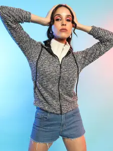 Campus Sutra Charcoal Self Design Hooded Cotton Front-Open Sweatshirt