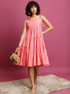 Vishudh Pink Checked Shoulder Strap Neck Tiered Dress