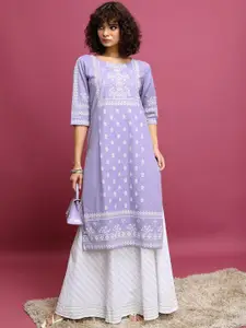 Vishudh Lavender Ethnic Motifs Printed Round Neck Pure Cotton Kurta & Skirt