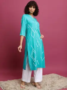 Vishudh Turquoise Blue Geometric Printed Mandarin Collar Straight Kurta