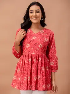 FERANOID Floral Printed V-Neck Pure Cotton Pleated A-Line Kurti