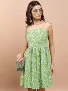 Tokyo Talkies Green Floral Printed Smocked Fit & Flare Dress