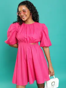 Tokyo Talkies Pink Puff Sleeves Cut Outs Fit & Flare Dress