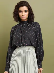 Tokyo Talkies Black Floral Printed High Neck Cuffed Sleeves Gathered or Pleated Top