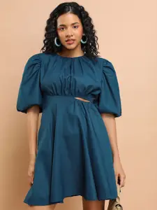 Tokyo Talkies Teal Round Neck Puff Sleeve Cut-Outs A-Line Dress