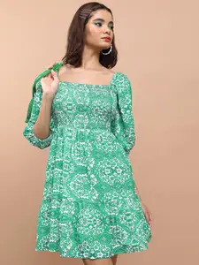 Tokyo Talkies Green Floral Printed Smocked Fit & Flare Dress