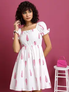 Vishudh White Ethnic Motif Printed PuffSleeve Fit & Flare Dress