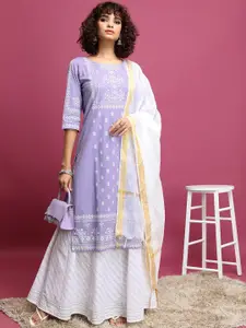 Vishudh Mauve Ethnic Motifs Printed Round Neck Pure Cotton Kurta With Skirt & Dupatta
