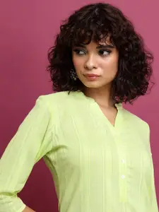 Vishudh Lime Green Striped Mandarin Collar Pure Cotton Kurta