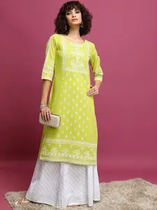 Vishudh Lime Green Ethnic Motifs Printed Round Neck Pure Cotton Kurta & Skirt
