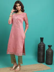 Vishudh Peach Floral Embroidered Straight Kurta