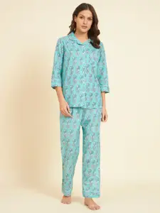 HERE&NOW Blue Floral Printed Pure Cotton Night suit