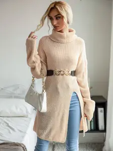StyleCast Ribbed Turtle Neck Longline Pullover with Slit Detail