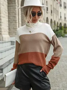 StyleCast Brown & White Colourblocked High Neck Pullover