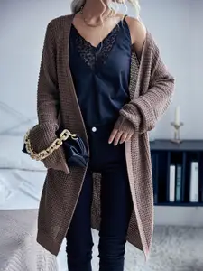 StyleCast Coffee Brown Cable Knit Self Design Longline Front Open Sweater