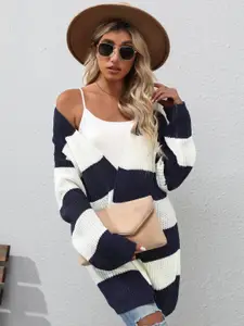 StyleCast Blue & White Colourblocked Longline Sweaters