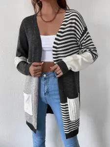 StyleCast Grey & White Colourblocked Longline Front-Open Sweater with Striped Detail