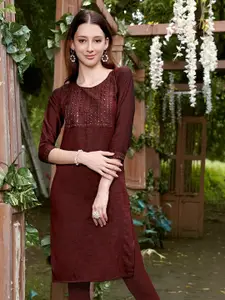 Anouk Rustic Brown Floral Yoke Design Sequinned Straight Kurta