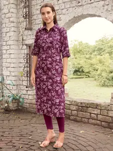 Anouk Purple Floral Printed Shirt Collar Pure Cotton Straight Kurta