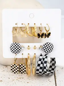 VIEN Set Of 9 Gold Plated Stainless Steel Hoop & Studs Earrings