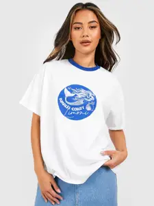 Boohoo Printed Drop-Shoulder Pure Cotton T-shirt