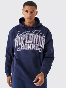 boohooMAN Typography Printed Hooded Oversized Varsity Sweatshirt With Kangaroo Pocket