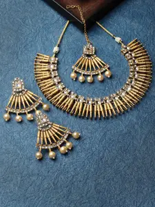 ADIVA Gold-Plated Stone-Studded Necklace and Earrings With Maang Tika