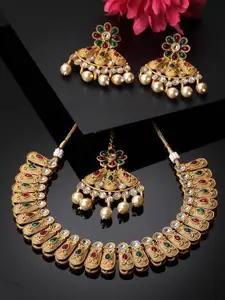 ADIVA Gold-Plated Kundan Stone Studded  Necklace and Earrings With Maang Tika