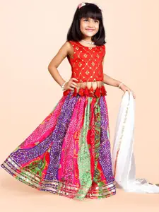 BAESD Girls Bandhani Printed Mirror Work Ready to Wear Lehenga & Blouse With Dupatta