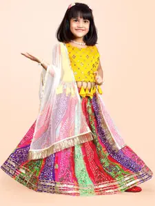 BAESD Girls Bandhani Printed Mirror Work Ready to Wear Lehenga & Blouse With Dupatta
