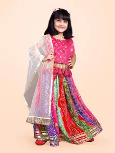 BAESD Girls Bandhani Printed Mirror Work Ready to Wear Lehenga & Blouse With Dupatta