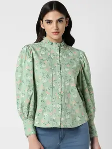 Van Heusen Woman  Floral Printed Puff Sleeves Mandarin Collar Pure Cotton Shirt Style Top