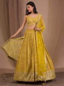 FABPIXEL Embroidered Sequinned Semi-Stitched Lehenga & Unstitched Blouse With Dupatta