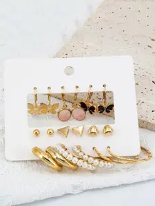 VIEN Set Of 9 Gold-Plated Hoop & Studs Earrings