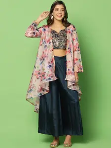 FASHION DREAM Embroidered Crop Top With Palazzos & Printed Shrug