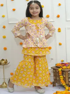 Ka-mee Girls Yellow Floral Printed Regular Pure Cotton Kurti With Sharara  with Jacket