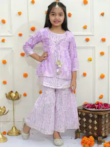 Ka-mee Girls Yellow Floral Printed Regular Pure Cotton Kurti With Sharara  with Jacket