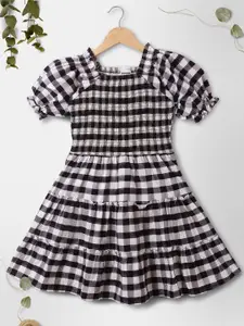 THEONI Girls Checked Smocked Organic Cotton Fit & Flare Dress