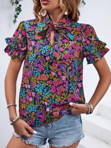 StyleCast Floral Print Tie-Up Neck Bell Sleeve Top