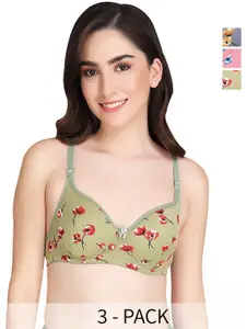 AROUSY Pack Of 3 Floral Printed Full Coverage Minimizer Bra - 360 Degree Support