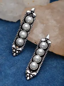 Sanjog Oxidized Silver-Plated Stone Studded Drop Oxidised Stud Pearl Geometric Earrings