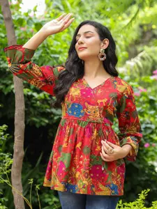 Rain & Rainbow Floral Printed Bell Sleeve Cotton Empire Top